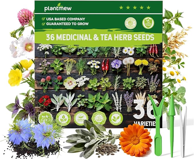 Medicinal Herb Seeds Variety Pack - 36 Non-GMO Herbal Tea Garden Seeds: Chamomile, Lavender, Echinacea, Yarrow, Mugwort for Planting Indoor & Outdoor, Apothecary & Homesteading Supplies