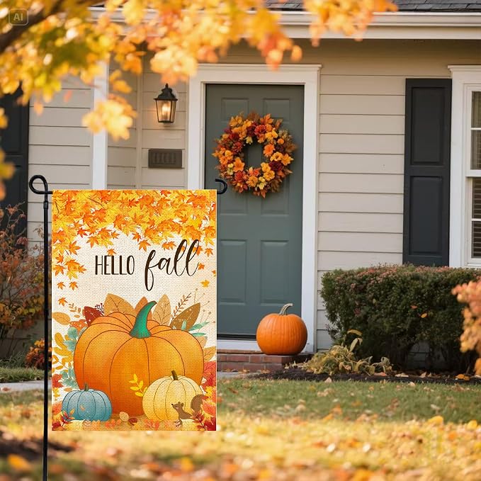 Hello Fall Pumpkin Leaf Garden Flag 12x18 Inch, Double Sided Autumn Thanksgiving Holiday Burlap Yard Flag for Outdoor Decoration