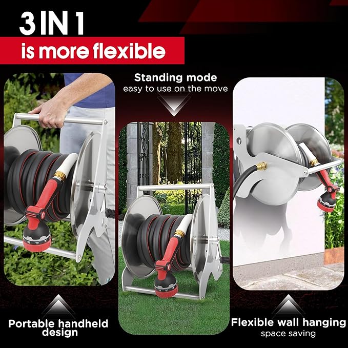 Stainless Steel Garden Hose Reel, Wall/Floor Mounted, Retractable with Crank, 135 Ft Capacity