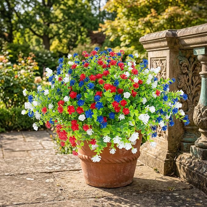 Hananona 12 Pcs Artificial Flowers Outdoor, Faux Artificial Plants UV Resistant Plastic Patriotic Flower Bulk for 4th of July Hanging Planter Porch Window Home Summer Decor 12, Red, White, Blue