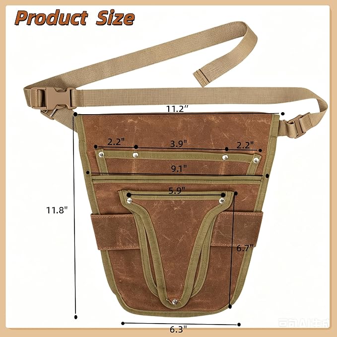 Gardening Tool Pouch for Waist, Hands-Free Canvas Tool Belt with 6 Pockets – Adjustable Waist Apron for Trowel, Pruner & Weeder (Gardening Tools NOT Included)-(Brown)