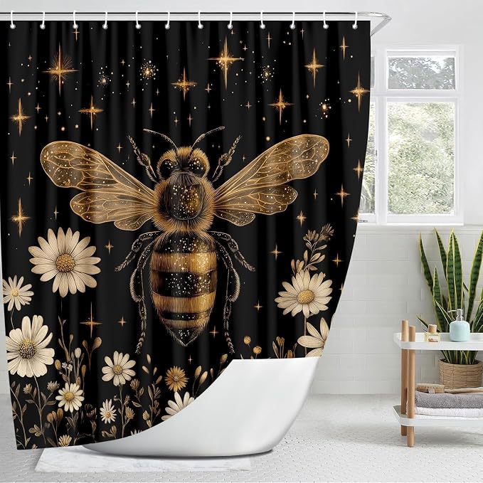 Vintage Boho Shower Curtain Black and Gold Floral Bathroom Aesthetic Decorative, Funny Rustic Bee Daisy Flowers Witchy Eclectic Chic Farmhouse Shower Curtains with Hooks, 72X78 Inch Yellow