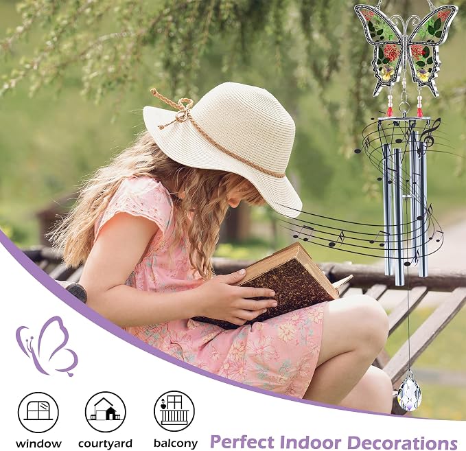 KY&BOSAM New Butterfly Wind Chime with Crystal Sympathy Wind Spinner Memorial Wind Chime for Loss of Loved One Prime Bereavement Sympathy Memorial Gift for Loss of Mother Father Gift Home Garden Decor