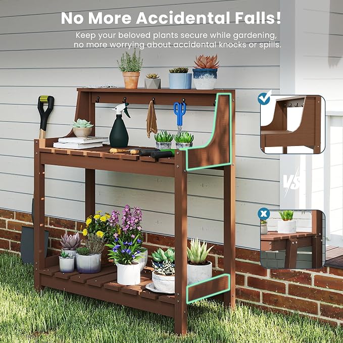 Garden Potting Bench for Outside, HDPE Outdoor Potting Table with Storage Shelves & Tool Hooks, All Weather Planting Workstation for Patio Backyard Garden (Brown)