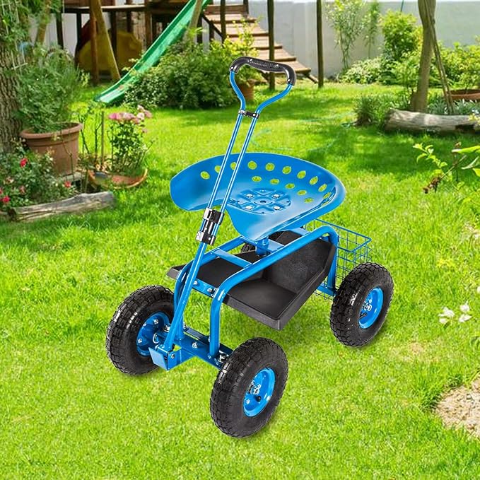 KINTNESS Garden Cart Rolling Work Seat with Tool Tray and Storage Basket on Wheels Heavy Duty Garden Scooter Gardening Planting