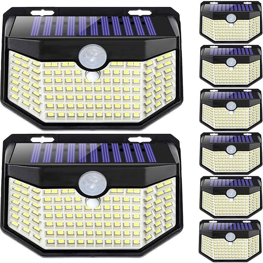 HMCITY 120 LED Outdoor Solar Lights with Motion Sensor and 3 Lighting Modes, IP65 Waterproof Wide Solar Wall Lights Ideal for Garden Patio Yard (Front Button 8Packs, Black Shell-Daylight White)