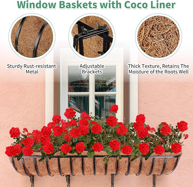 Tessco for you 4 Pack 48 Inch Window Baskets with Coconut Liner 4 Adjustable Flower Brackets Window Deck Planters Boxes Railing Planter Metal Hanging Flower Planter for Indoor Outdoor Lawn