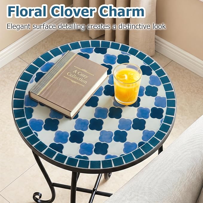 Giantex Outdoor Side Table, Floral Clover Mosaic Patio Accent Table, 14" Coffee End Table, Indoor Outdoor Metal Plant Stand for Porch Garden Balcony Desk