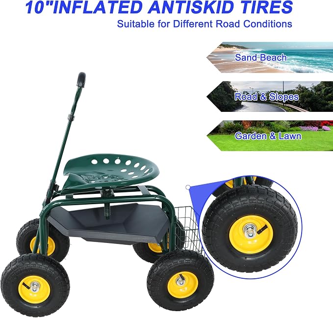 Heavy Duty Garden Cart Rolling Scooter with Adjustable Swivel Seat, 360° Rotation, 10" Pneumatic Tires, Extendable Steering Handle & Tool Basket – Outdoor Yard Gardening Seat with Storage Tray (Green)