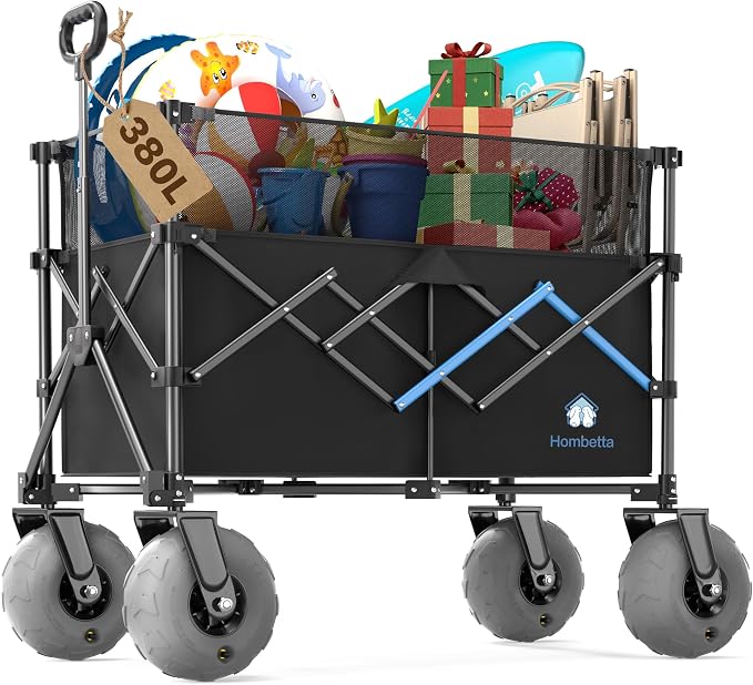 Beach Wagon with Big Wheels for Sand, 450LBS Heavy Duty Foldable Collapsible Wagons Carts with 9" All Terrain Inflatable Tires, Adjustable Capacity 200L–380L for Groceries, Camping, Sports