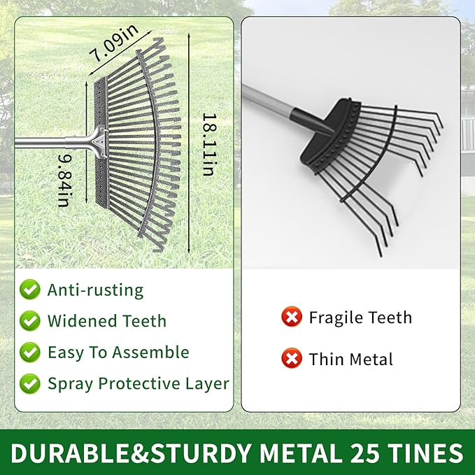 72 Gallon Leaf Rake Set with Dustpan-Type Bag - Heavy Duty Garden Rake for Leaves, 18" Wide 25 Tines Adjustable Handle, Protective Gloves for Lawn, Yard & Garden Cleanup