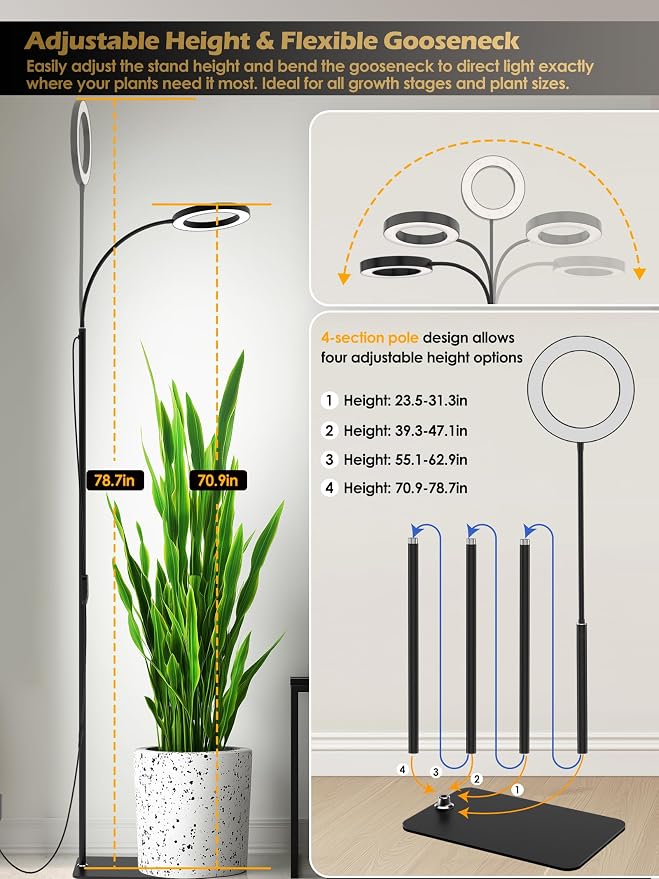 GLOWRIUM Grow Lights for Indoor Plants, Full Spectrum LED Grow Light, Stepless Dimming,3 Lighting Mode and Adjustable Height, Plant Light with 3/9/12/16H Timer (Black, Single Head)