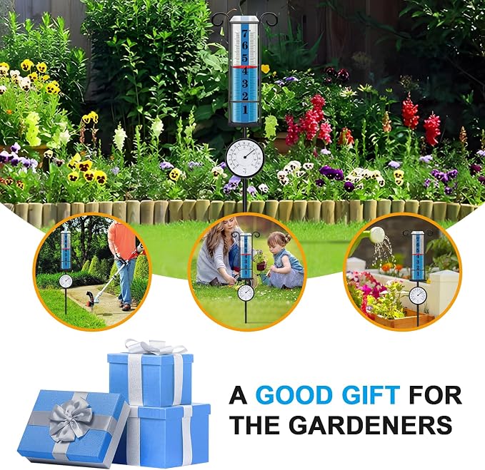 JMBay Rain Gauge Outdoor with Thermometer, Rain Gauges Outdoors Best Rated, Large Font Rain Measure Gauge for Yard, Rain Water Meter with Thickened Plastic Tube and Duralbe Metal Stake for Patio,Lawn