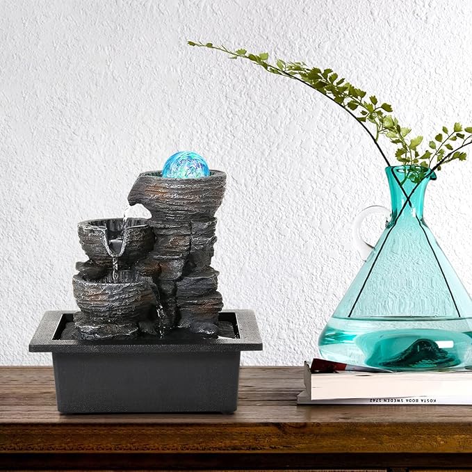 Dyna-Living Water Fountain Indoor Tabletop Waterfall Fountain with Coloured LED Light, Desktop Decorative Water Fountain, Office Fountain Waterfall for Desk, Zen Water Fountain for Home Decor