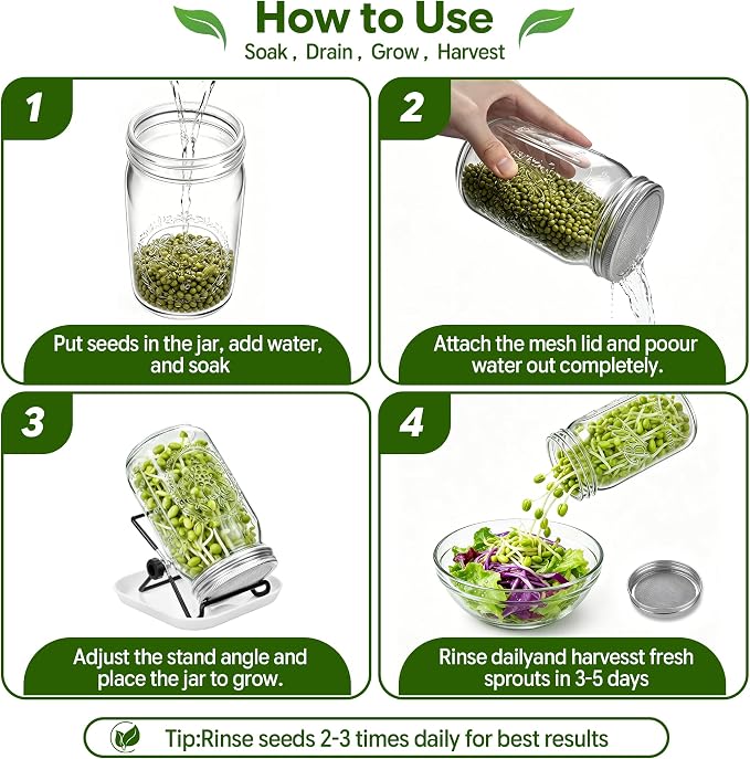 4 Pack Sprouting Jar Kit with Wide Mouth Mason Jars, Sprouting Lids, Stands, Drip Trays and Brushes, Seed Sprouter Set for Growing Broccoli, Mung Bean and Fresh Sprouts for Indoor Kitchen Use