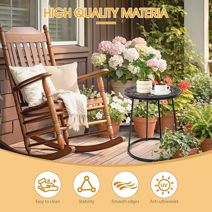 Vercraft Small Outdoor Side Table, 14" Patio Side Tables with Flower Cut Outs Weather Resistant Metal Outdoor End Table for Patio Outside Porch Balconies Garden(Black,Simple)