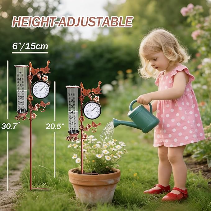 Accurate Rain Gauge with Thermometer, 7" Rain Gauges Outdoors Best Rated, Freeze Proof & Weatherproof, Large Rain Gauge Outdoor Decorative for Yard Lawn Garden(Hummingbird & Flower)