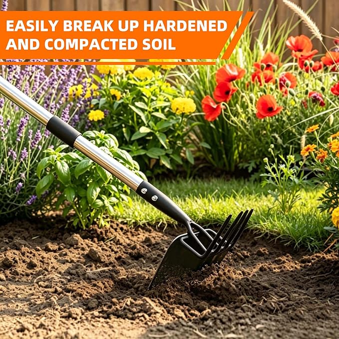 Garden Hoe & Cultivator, Efficient Long Handle Garden Tool, 2-in-1 Hand Cultivator and Gardening Hoe for Raised Beds, 60inch Heavy Duty Hoe Garden Cultivator for Loosening, Weeding, Planting