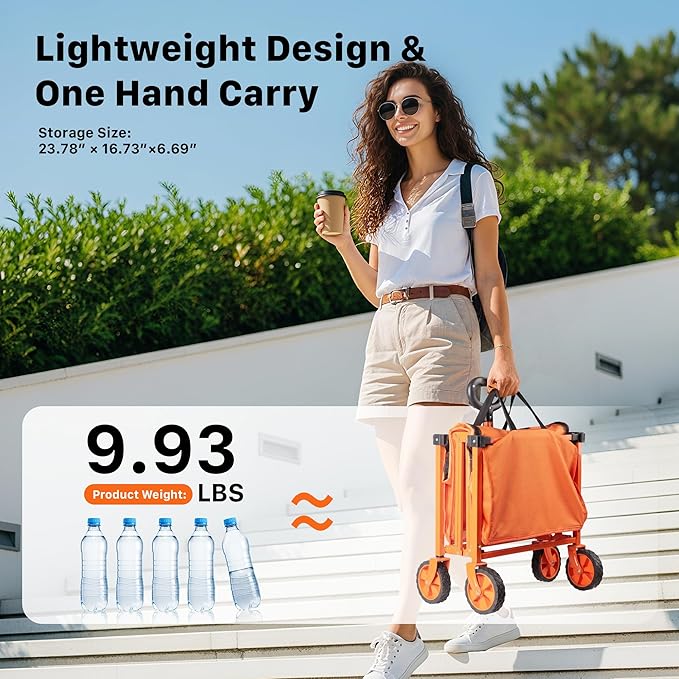 29.3" Collapsible Wagon Cart, 150L Heavy Duty Folding Utility Wagon with Wheels, 260 lbs Load, Portable Rolling Cart for Garden, Shopping, Sports, Camping, Orange