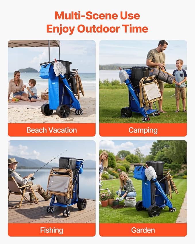 VEVOR Beach Cart, 165LBS Load Capacity, Portable Folding Beach Wagon Dolly with 10" Solid Wheel for Sand, Insulated Cooler Bag, Large Mesh Bag&Umbrella Holder for Outdoor Camping Fishing