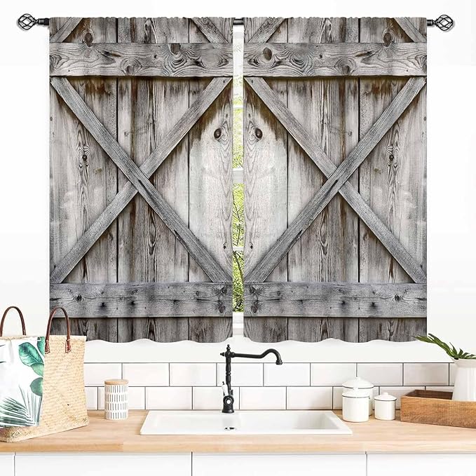 Rustic Wooden Curtains for Kitchen, Farmhouse Gray Barn Door Country Cottage Western Barnwood Garage Small Short Window Drapery Treatments for Living Room Bedroom Cafe, 55x39 Inch