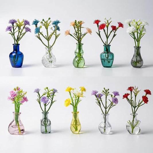 10-Pack Magnetic Mini Clear Glass Bud Vases for Fridge - Strong Magnets, Leak-Proof Propagation Vases with 10 Faux Flowers for Mom, Locker and Cubicle Decor(Sea Glass Green)