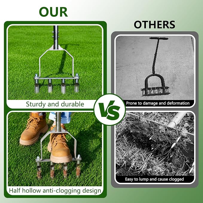 Stainless Steel Aerator Lawn Tool with 4 Heavy-Duty Hollow Tines,Anti-Clogging Core Aerator,Ergonomic Design Lawn Aerator,Semi-Assembled Lawn Aerator Tool for Lawn Garden Yard Patio