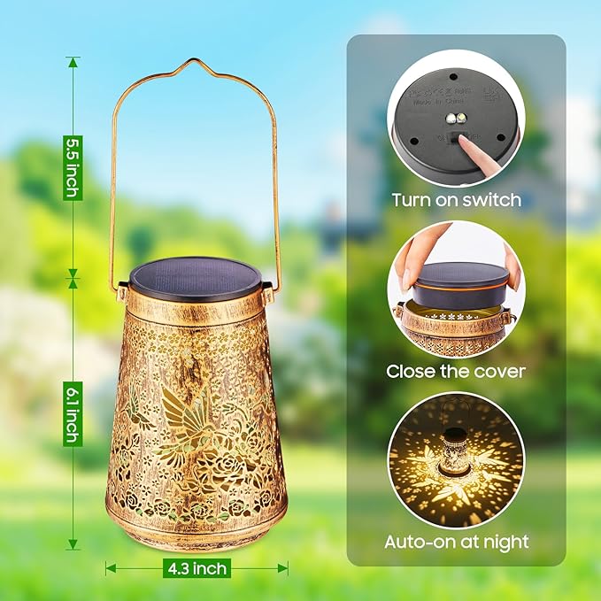 4 Pack Solar Lanterns Outdoor Waterproof Birthday Gifts for Women Mom Grandma, Hollowed-Out Metal Hummingbird Hanging Solar Lantern Lights Outdoor Decor, 2 Lighting Modes for Yard, Patio