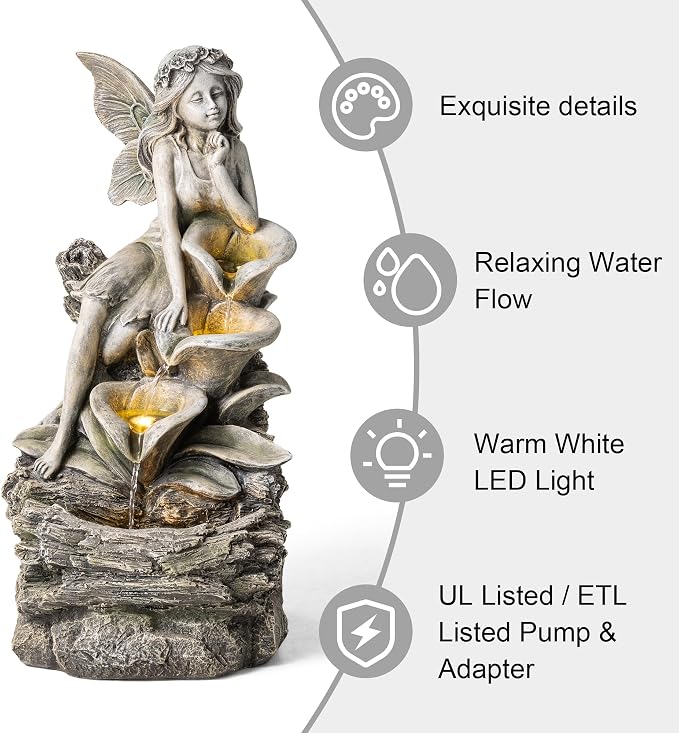 Glitzhome Water Fountain Outdoor, Outdoor Fountain with Lights & Pump, 22.75" H 4-Tiered Concrete Fairy Polyresin Cascading Waterfall Floor Standing Water Feature for Garden, Patio, Yard, Deck