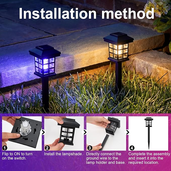 4 Pcs Solar Bug Zapper Outdoor Waterproof 2 in 1 Mosquito Zapper Solar Powered Mosquito Fly Trap Repellent Lamp Kills Bugs LED Lamp Warm Purple Light for Garden Yard Lawn (Black Warm Purple)