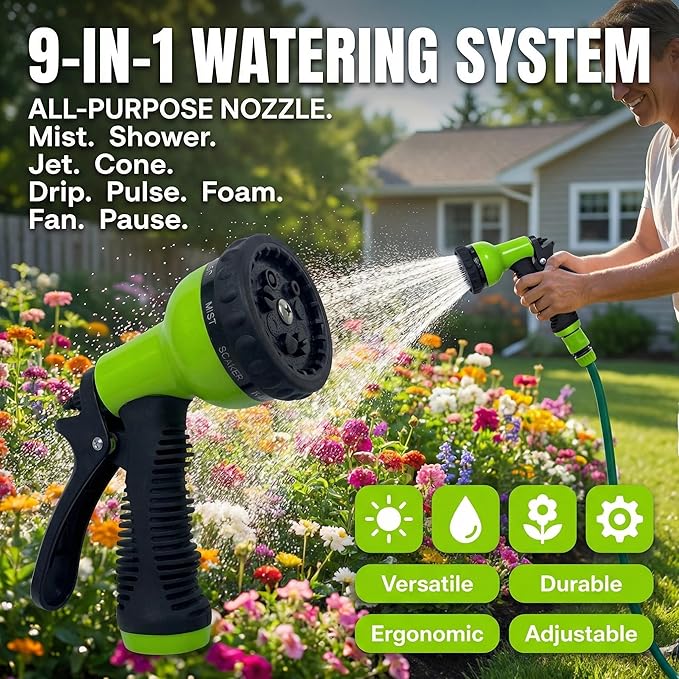 Garden Hose Nozzle Sprayer-This High Heavy-Duty Spray Nozzle Offer 9 Watering Patterns for Watering Plants,Lawns &Gardens,Washing Cars,Household Cleaning and Showering Pets (Green-dark)