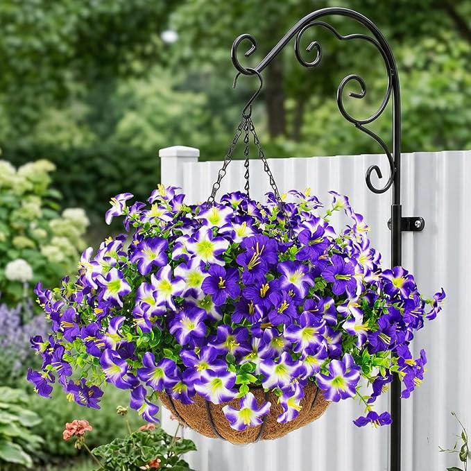 2 Set Artificial Petunias Flowers with Hanging Baskets, 24 Pcs Silk Petunia UV Resistant Purple Faux Petunias Flowers with Hanging Planter for Front Door Porch Spring Outside Decor (2, Purple)