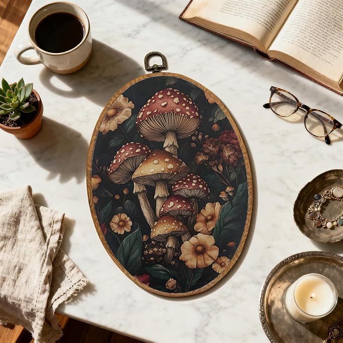 DOFQZ Vintage Mushroom Oval Wall Art Decor, Dark Botanical Cottagecore Mushroom Framed Wall Art, Gothic Moody Floral Fungi Canvas Walls Hanging Decor for Home Bedroom Living Room, 8.5x11.5