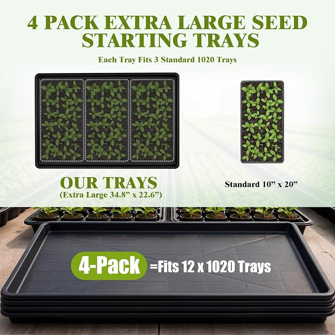 Feekoon 4 Pack Extra Large Plant Saucer Growing Tray - 34" x 22"Seed Starting Trays - Each Fits 3×1020 Trays (Holds 12 Total), Thick Reusable Flats with 100 PVC Plant Labels, Bottom Watering