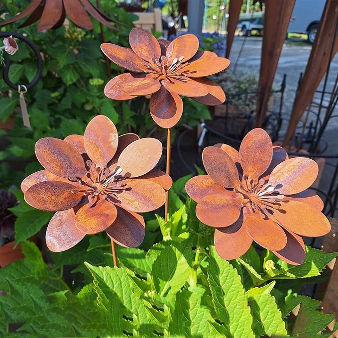 Rustic Metal Coneflower Garden Stakes, Set of 3, Rusted Iron Daisy Yard Art, 14x4 Inch, Weather-Resistant Lawn Pathway, Patio Decor (Brown)