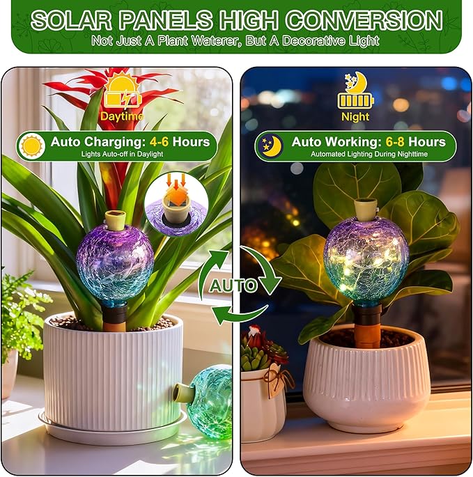 SAVENNA Crackle Glass Plant Watering Globe with Terracotta Spike,Self-Watering Irrigation for Potted Plants, with Solar Accent Light for Indoor & Outdoor Décor, 17oz, Purple–Blue Gradient