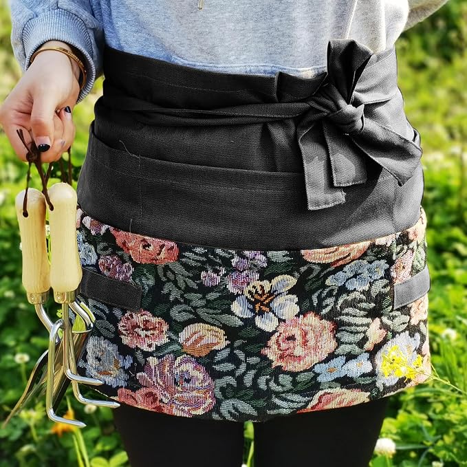 Garden Apron for Woman, Serve Apron Cute, Flora Half Apron with 8 Pockets, Valentines Gift for Mom Wife Girlfriend