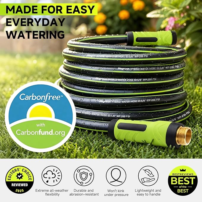 Garden Hose 50ft x 5/8", NON-EXPANDABLE Water Hose Heavy Duty, Flexible, Lightweight, Kink Resistant & Outside Hybrid Hose, Male to Female Fittings