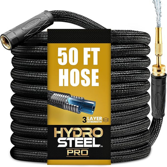 Hydrosteel PRO 50 Ft Heavy Duty Metal Garden Hose with Nozzle, Water Hose Made from 304 Stainless Steel, Flexible, Lightweight, Brass Crush Resistant Fittings, Kink Free, 5/8” Diameter, 600 PSI