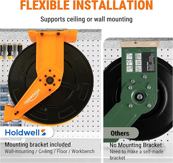 Retractable Air Hose Reel, 3/8" x 50FT EPDM Rubber Air Hose, 300PSI Max, Auto-Rewind & Length-Lock, 1/4" NPT Fitting, Ceiling/Wall Mount Heavy Duty Dual Arm Steel Reel for Workshop/Garage