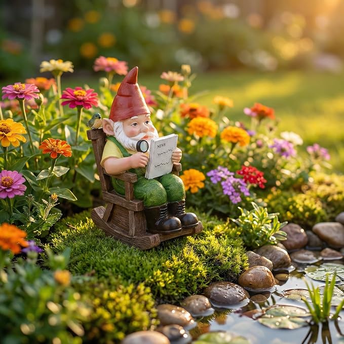 TERESA'S COLLECTIONS Garden Outdoor Decor,Gnomes Sitting in a Rocking Chair Reading a Newspaper，Gnomes Garden Decor, Waterproof Resin Garden Statue, Garden Gift, Indoor/Outdoor, 6"