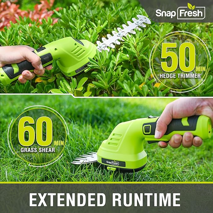 SnapFresh Cordless Hedge Trimmer & Grass Shears, 2-in-1 7.2V Handheld Mini Hedge Trimmer with 180° Rotating Head, Electric Bush & Shrub Trimmer, 2.0Ah Battery & USB-C Charging for Garden Yard Lawn