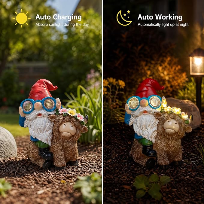 C&Y&G&X Solar Garden Gnome Statue with Highland Cow, Outdoor Solar Garden Decor with LED Lights, Waterproof Resin Yard Art Lawn Ornament for Patio Yard Porch, Gifts for Women Garden Lovers