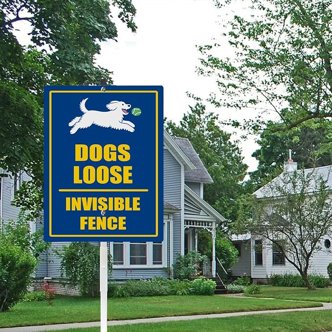 Dog Loose Invisible Fence Yard Sign With Stake Reflective Aluminum Rustproof Attention Garden Lawn Dog Sign Stand For Home Neighborhoods Garden Street Outdoor Decorations (8x12) IN