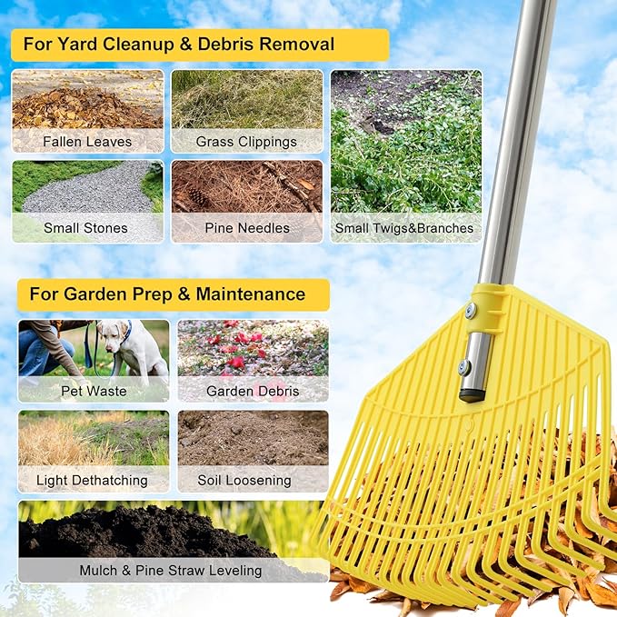 Plastic Leaf Rake for Lawns - Lightweight & Anti-Break Nylon Head, 16.5'' Wide Yard & Garden Rake for Leaves, Grass, Pine Needles, Adjustable Long Handle Easy Use for Women,Seniors,Kids
