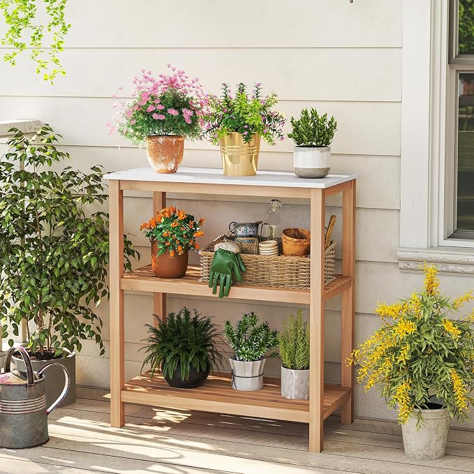 Giantex 3-Tier Outdoor Potting Bench, Acacia Wood Planting Workstation with Faux Marble Tabletop, Open Storage Shelves, 300LBS Capacity, Garden Potting Table for Horticulture