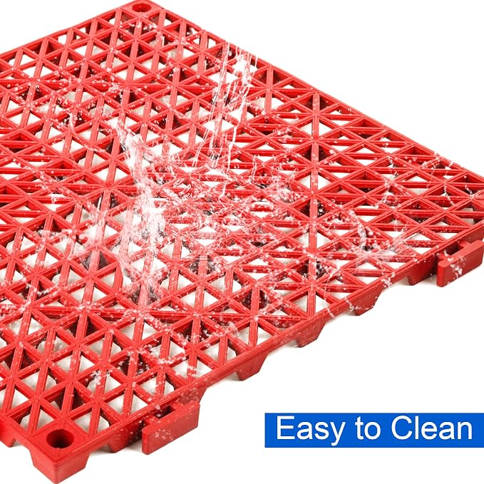 MYFAMIREA Modular Interlocking Cushion 12 Pack 11.8" x 11.8" Rubber Floor Tiles Non-Slip Splicing Drainage Mats for Deck, Pool, Outdoor Shower, Patio, Balcony, Indoor Bathroom, Kitchen, Yard (Red)