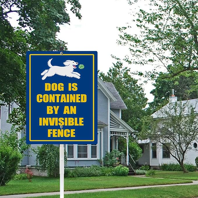Dog Is Contained by An A Invisible Fence Yard Sign With Stake Reflective Aluminum Rustproof Attention Garden Lawn Dog Sign Stand For Home Garden Street Decorations Outdoor (8x12) IN