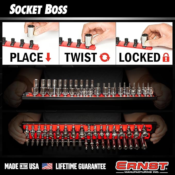 Ernst Manufacturing 8482 Socket Boss 3-Rail Multi-Drive Socket Organizer, 18-Inch Socket Rails with Twist-Lock Secure Storage, Orange - Made in USA