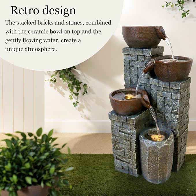 19.3'' H Modern Water Fountain with Lights, 4-Tier Resin Water Fountains with Soothing Water Sounds for Garden, Patio, Backyard and Home & Office Art Decor (Brown)